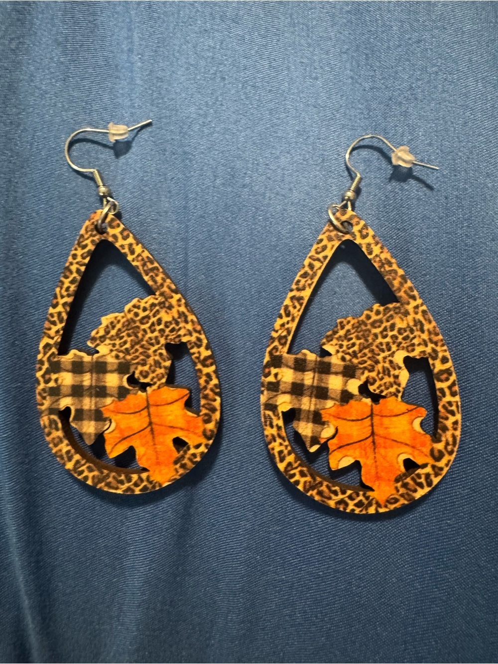 Leopard & Plaid Teardrop Earrings with Orange Leaf Accent